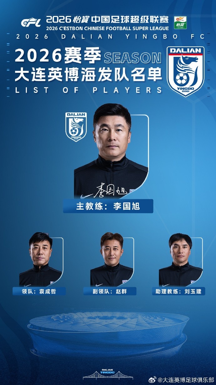 开云官网-大连英博新赛季名单：斯坦丘10号、毛伟杰22号、阿奇姆彭30号